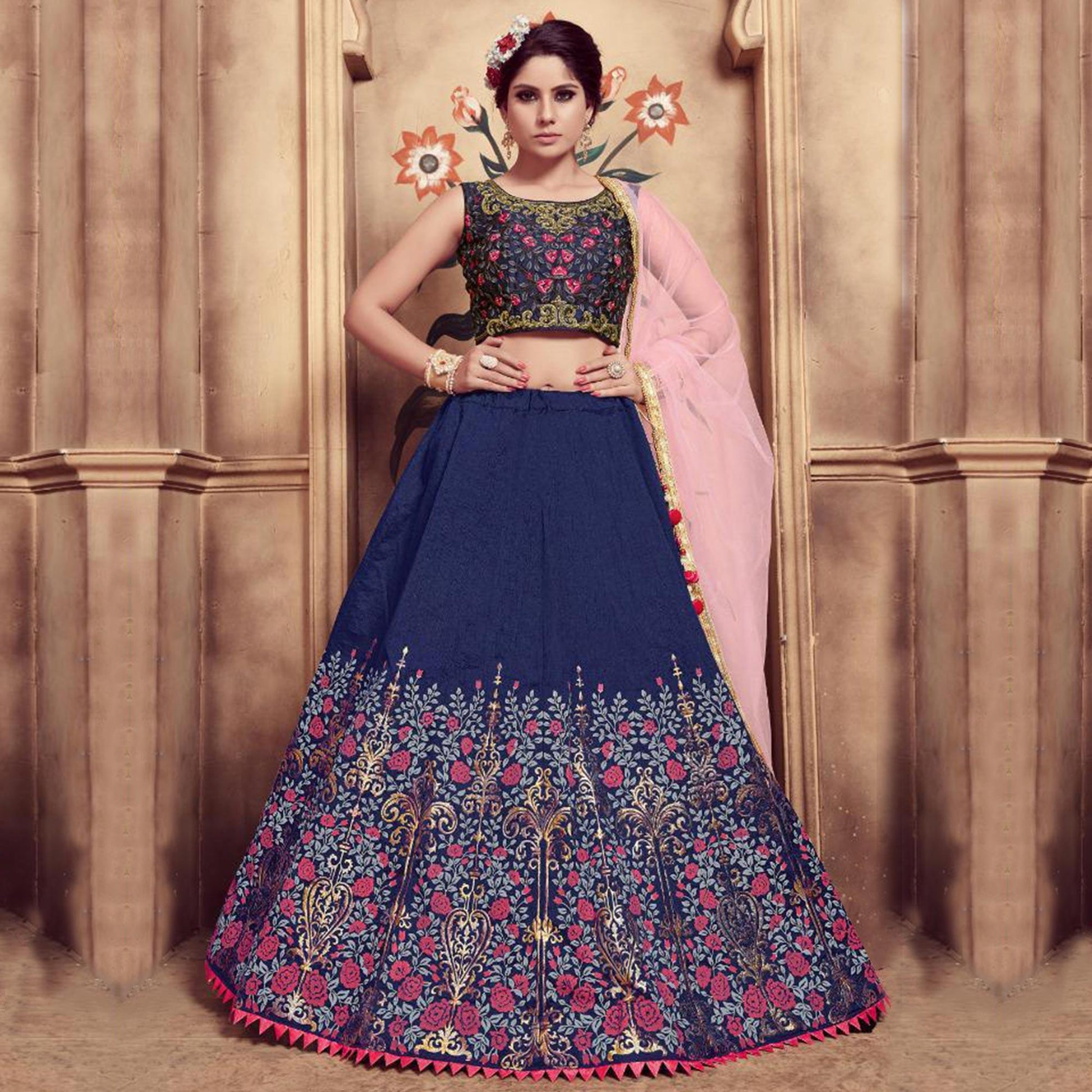 Lovely Navy Blue Colored Party Wear Embroidered Silk Lehenga Choli