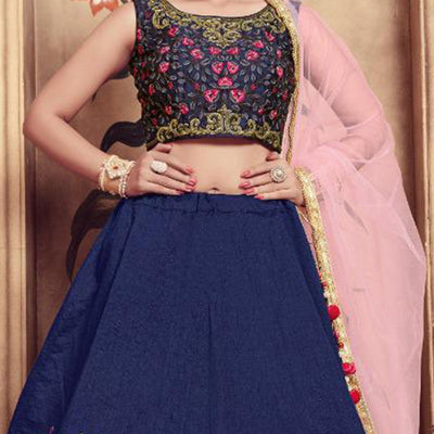 Lovely Navy Blue Colored Party Wear Embroidered Silk Lehenga Choli