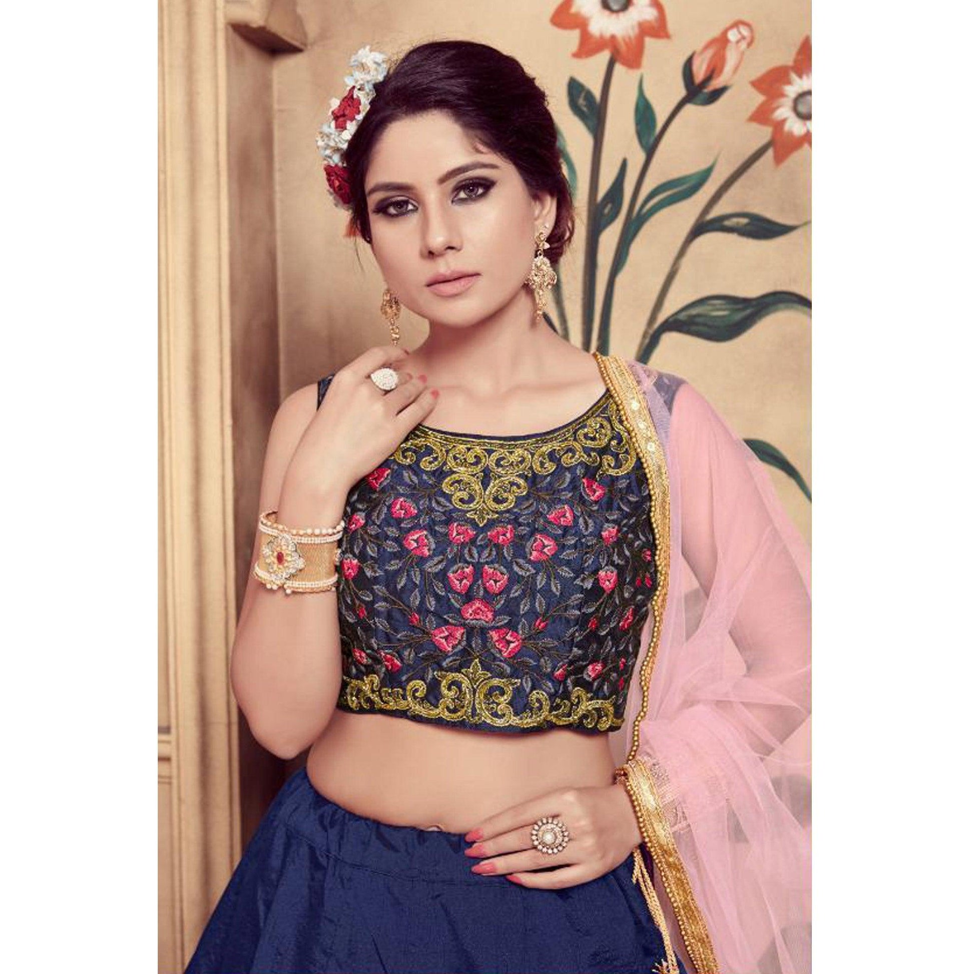 Lovely Navy Blue Colored Party Wear Embroidered Silk Lehenga Choli