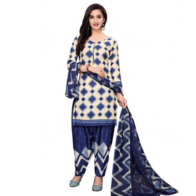 Lovely Off White - Blue Colored Casual Wear Printed Crepe Salwar Suit