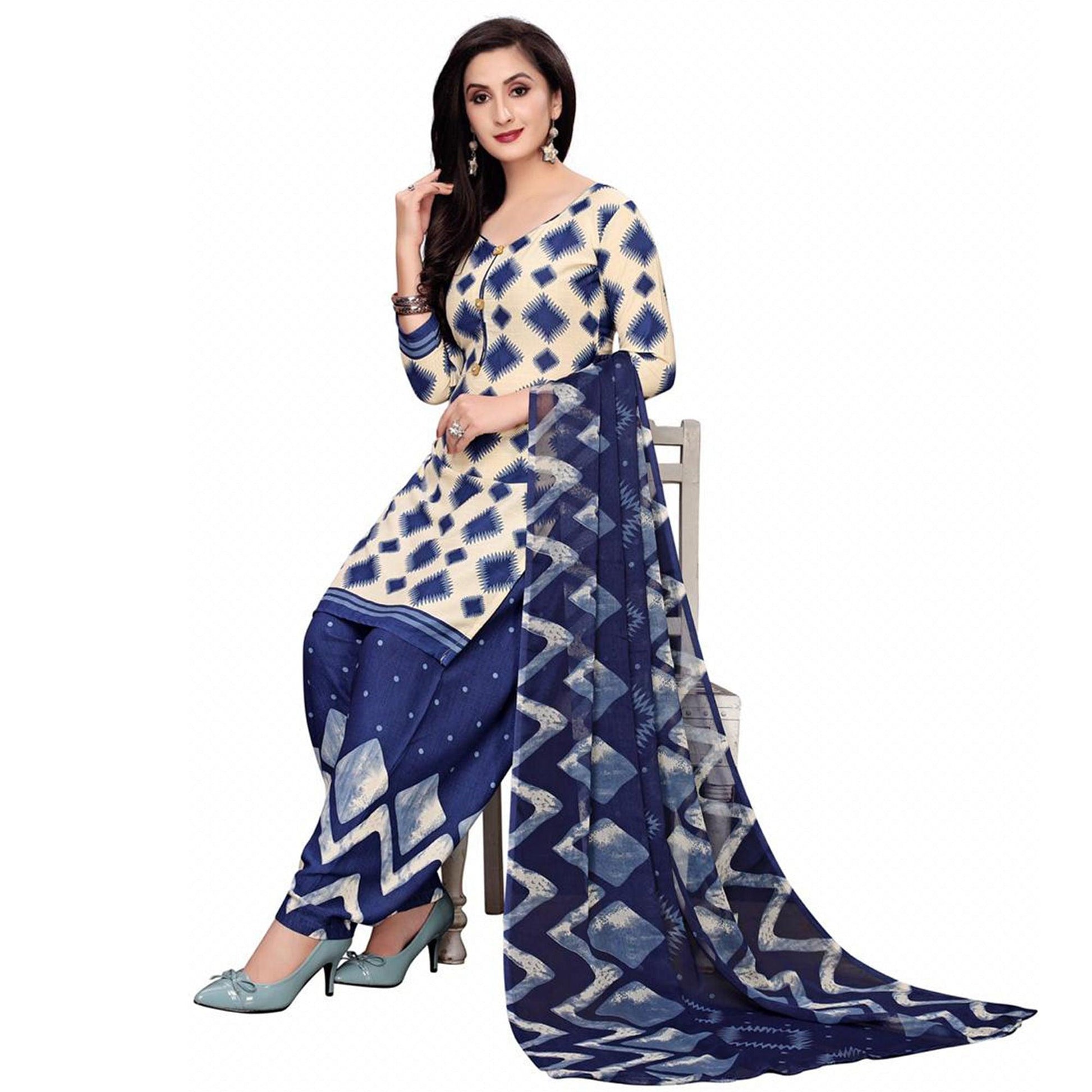Lovely Off White - Blue Colored Casual Wear Printed Crepe Salwar Suit