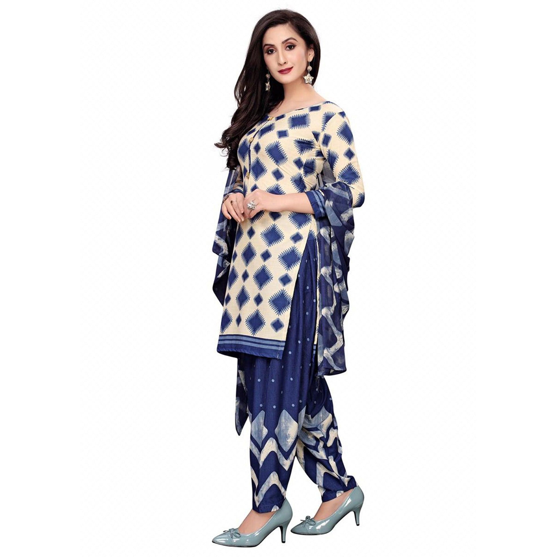 Lovely Off White - Blue Colored Casual Wear Printed Crepe Salwar Suit
