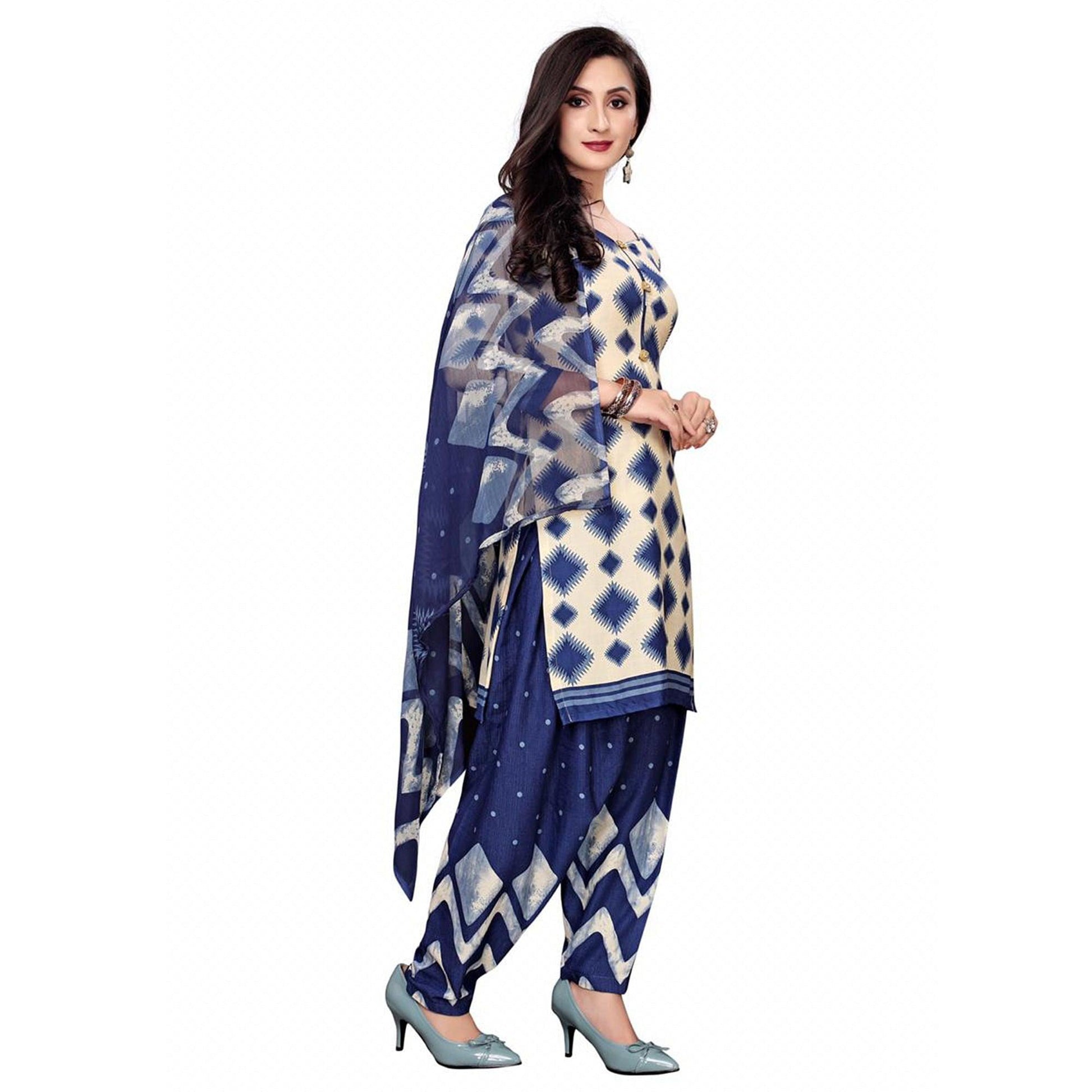 Lovely Off White - Blue Colored Casual Wear Printed Crepe Salwar Suit