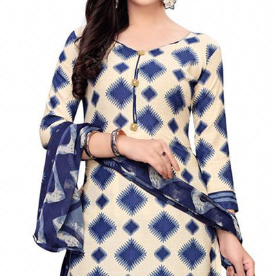 Lovely Off White - Blue Colored Casual Wear Printed Crepe Salwar Suit