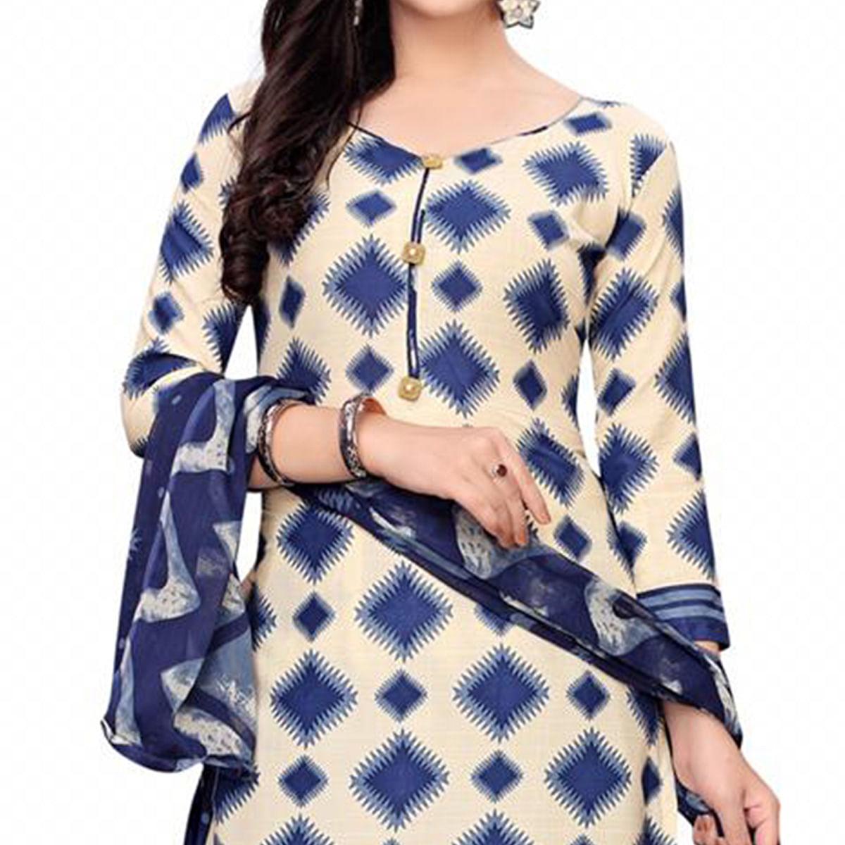 Lovely Off White - Blue Colored Casual Wear Printed Crepe Salwar Suit