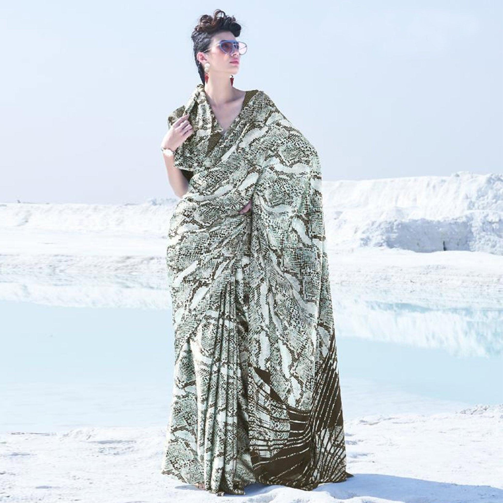 Lovely Offwhite Colored Casual Wear Printed Satin Crepe Saree