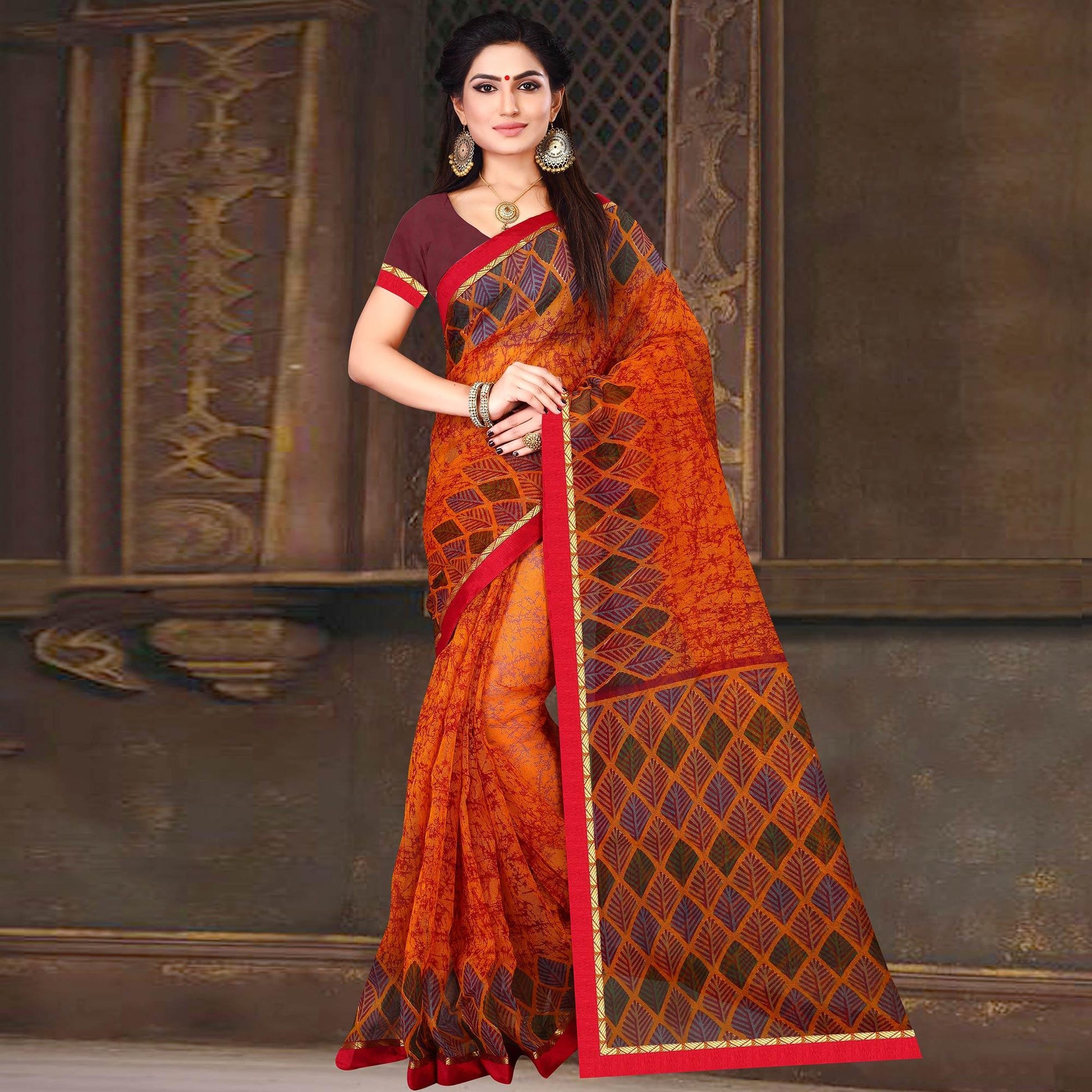 Lovely Orange Colored Casual Wear Printed Silk Saree