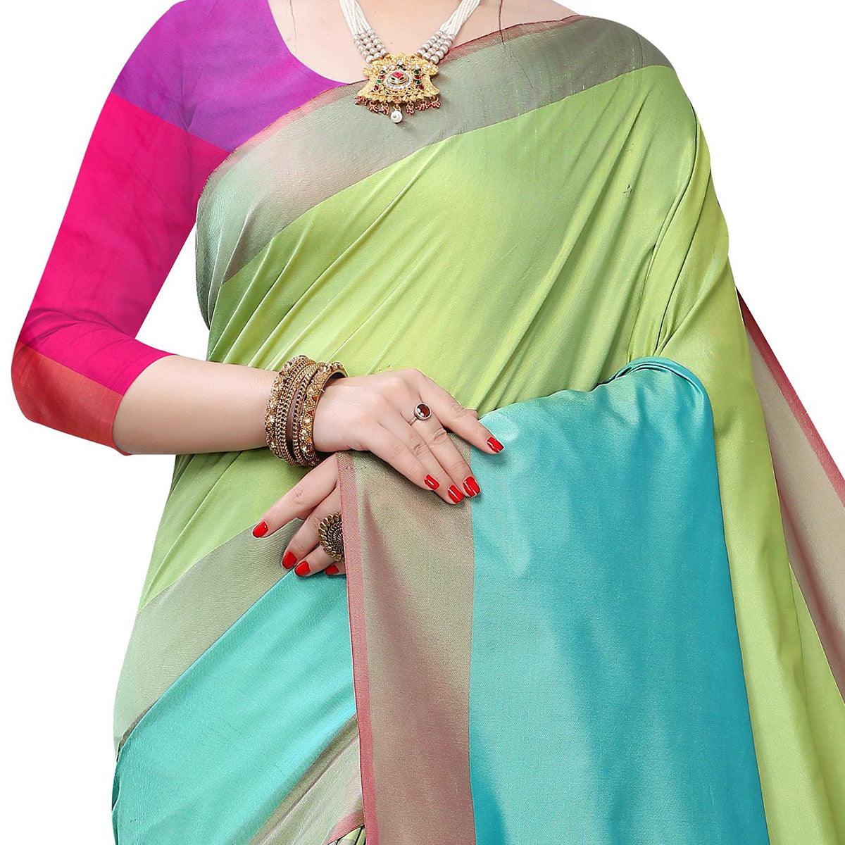 Lovely Parrot Green Colored Festive Wear Woven Sana Silk Saree