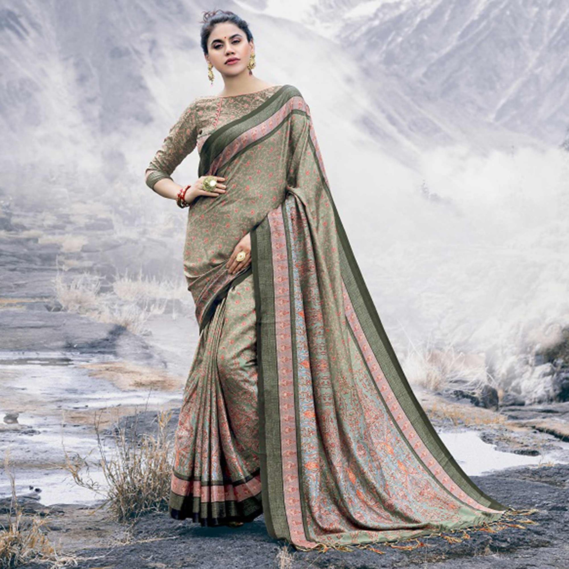 Lovely Pastel Olive Green Colored Festive Wear Printed Art Silk Saree