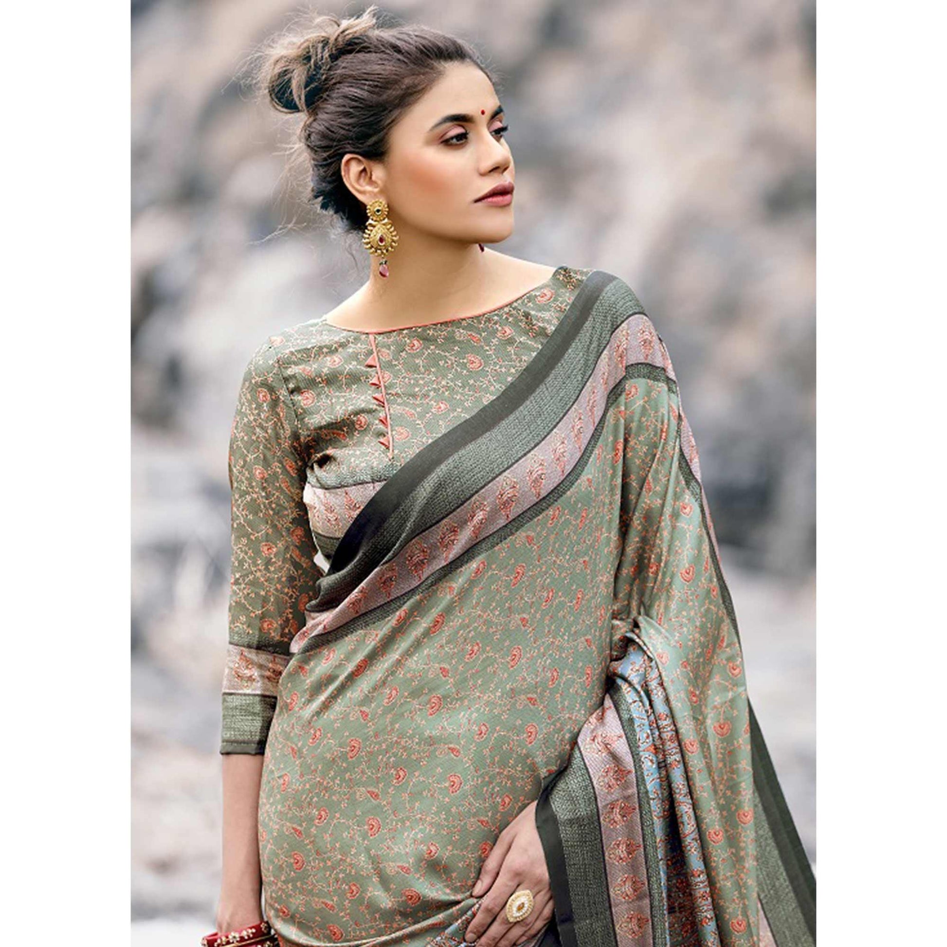 Lovely Pastel Olive Green Colored Festive Wear Printed Art Silk Saree