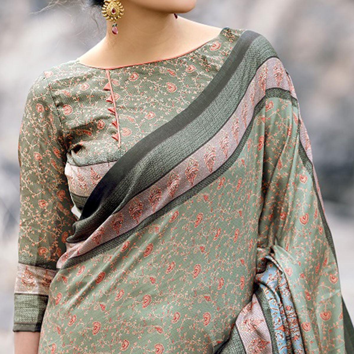 Lovely Pastel Olive Green Colored Festive Wear Printed Art Silk Saree