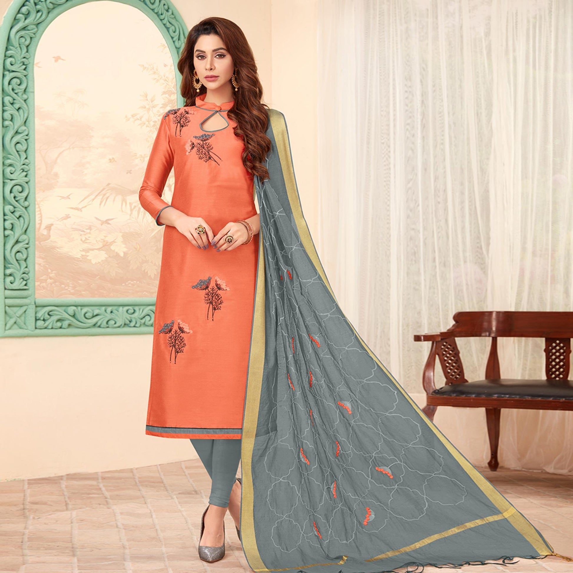 Lovely Peach Colored Casual Wear Embroidered Cotton Dress Material