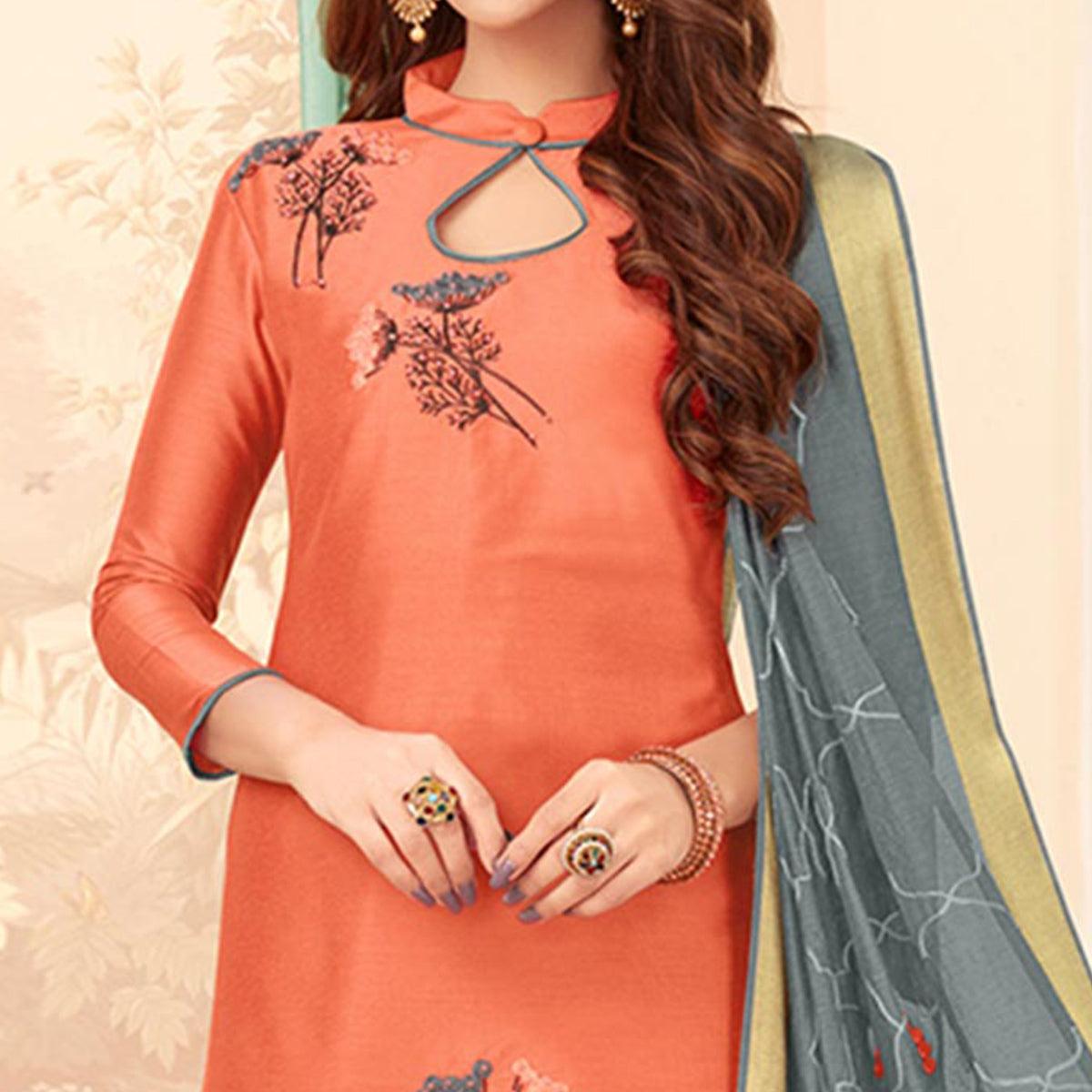Lovely Peach Colored Casual Wear Embroidered Cotton Dress Material