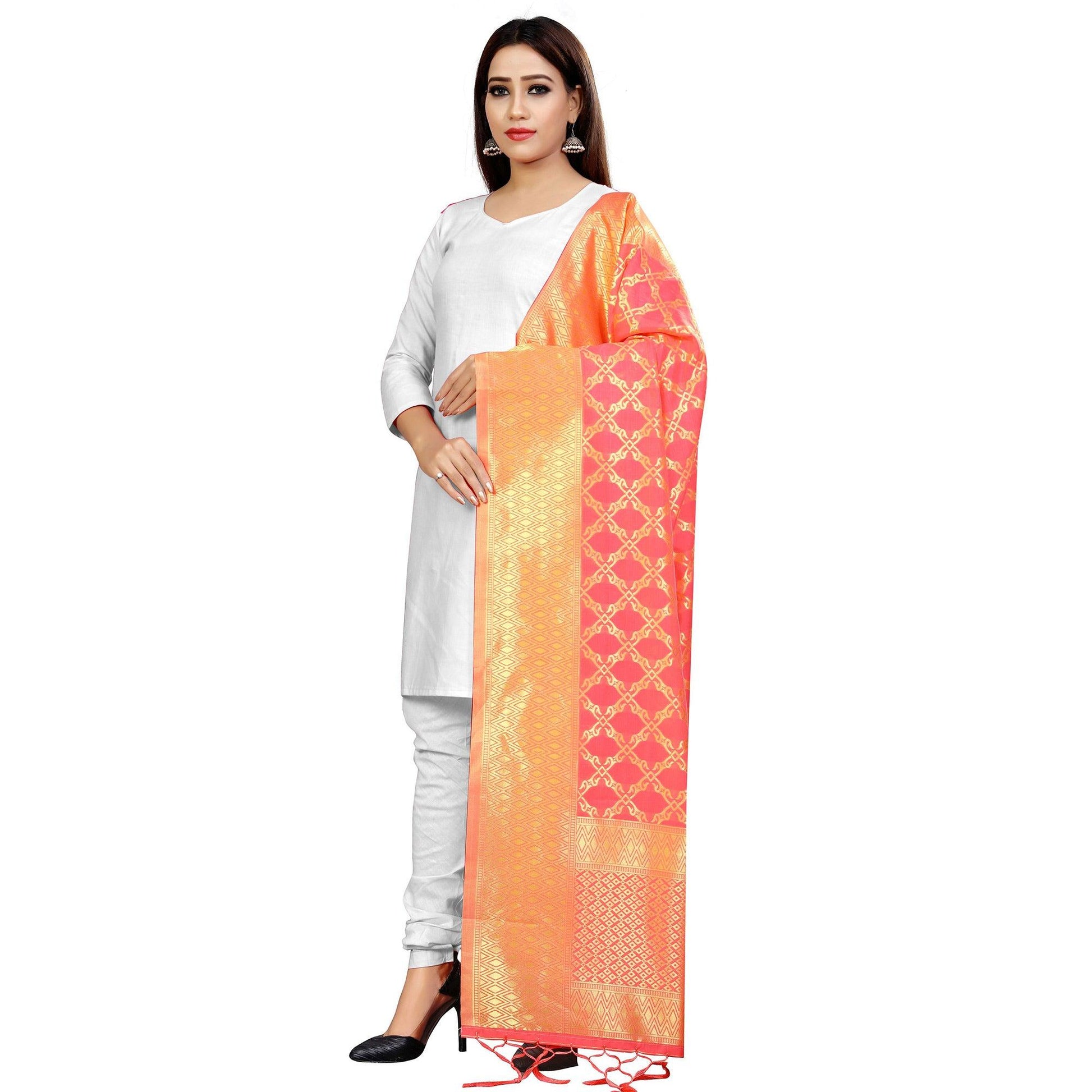 Lovely Peach Colored Festive Wear Banarasi Silk Dupatta