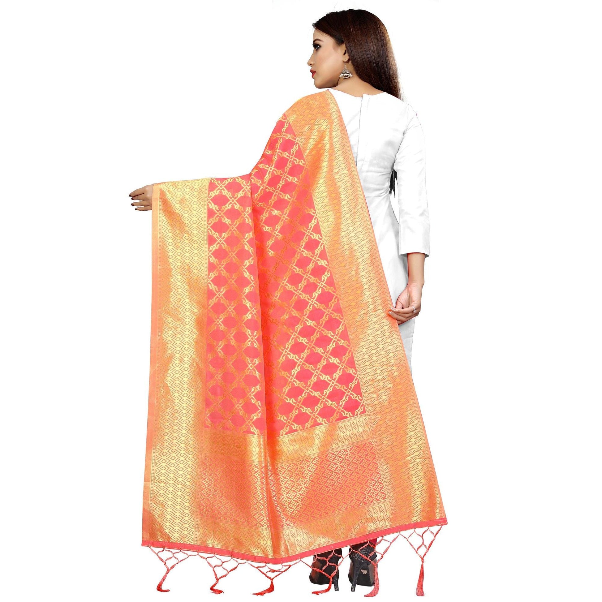 Lovely Peach Colored Festive Wear Banarasi Silk Dupatta