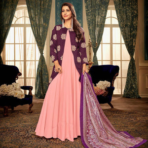 Lovely Peach Colored Partywear Embroidered Heavy Muslin Gown