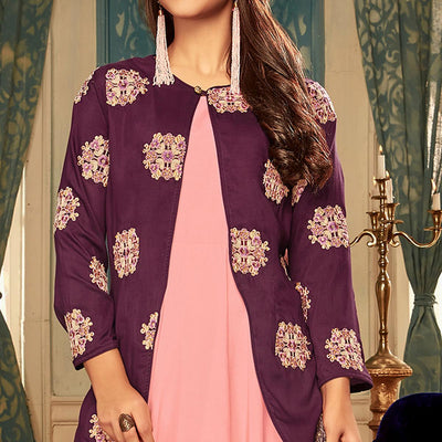 Lovely Peach Colored Partywear Embroidered Heavy Muslin Gown