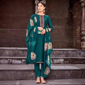 Lovely Peacock Blue Colored Partywear Printed Viscose Muslin Suit