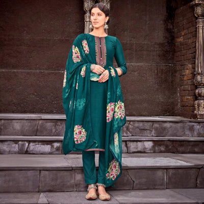 Lovely Peacock Blue Colored Partywear Printed Viscose Muslin Suit