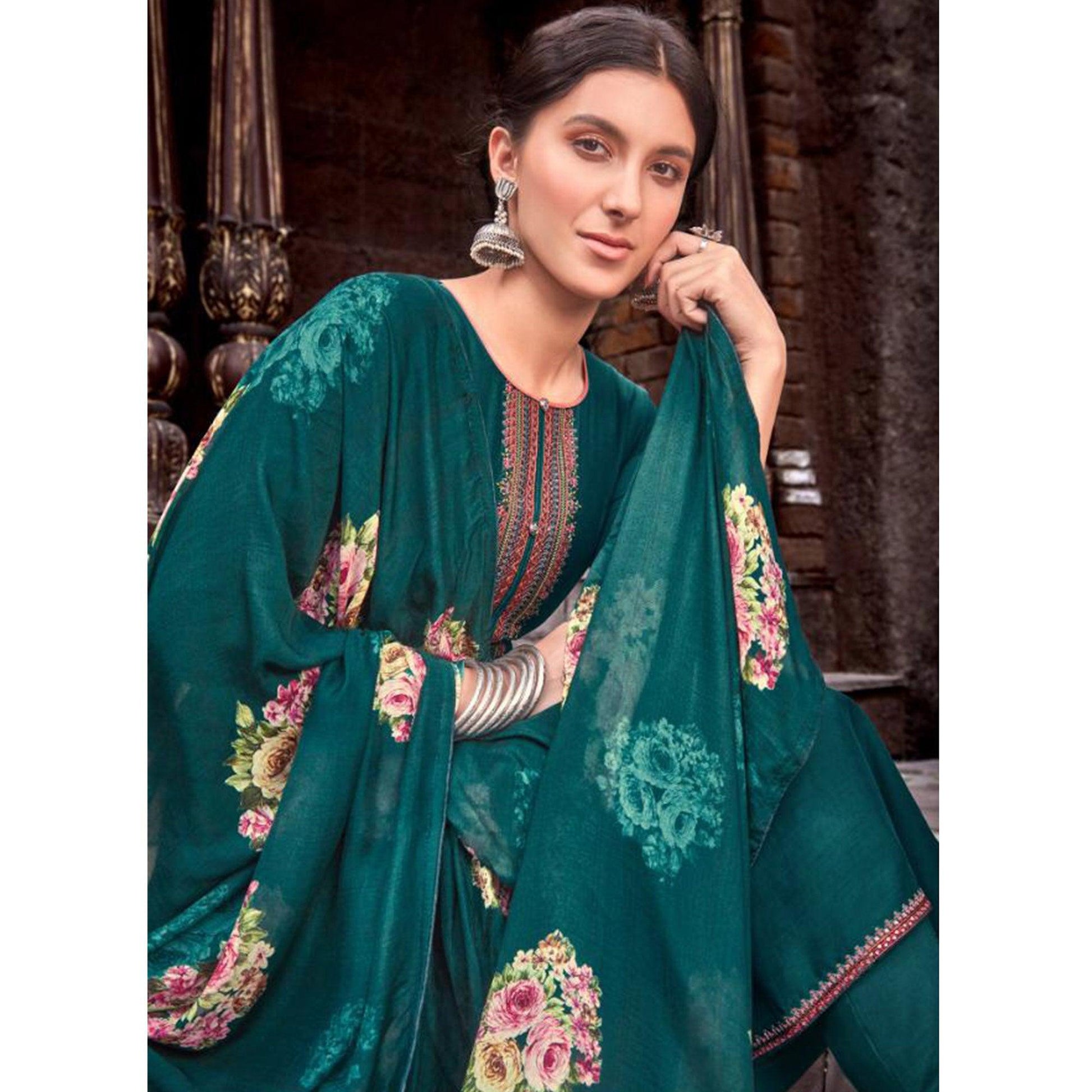 Lovely Peacock Blue Colored Partywear Printed Viscose Muslin Suit
