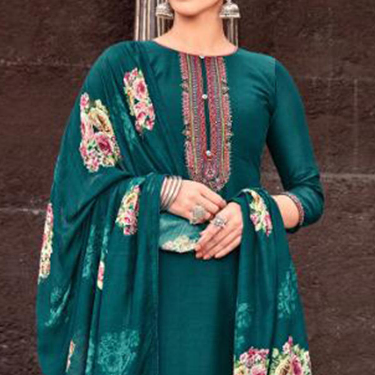 Lovely Peacock Blue Colored Partywear Printed Viscose Muslin Suit