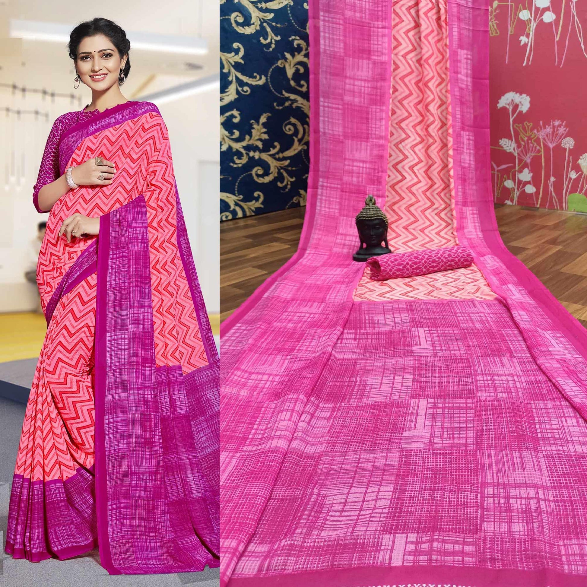 Lovely Pink Colored Casual Printed Georgette Saree