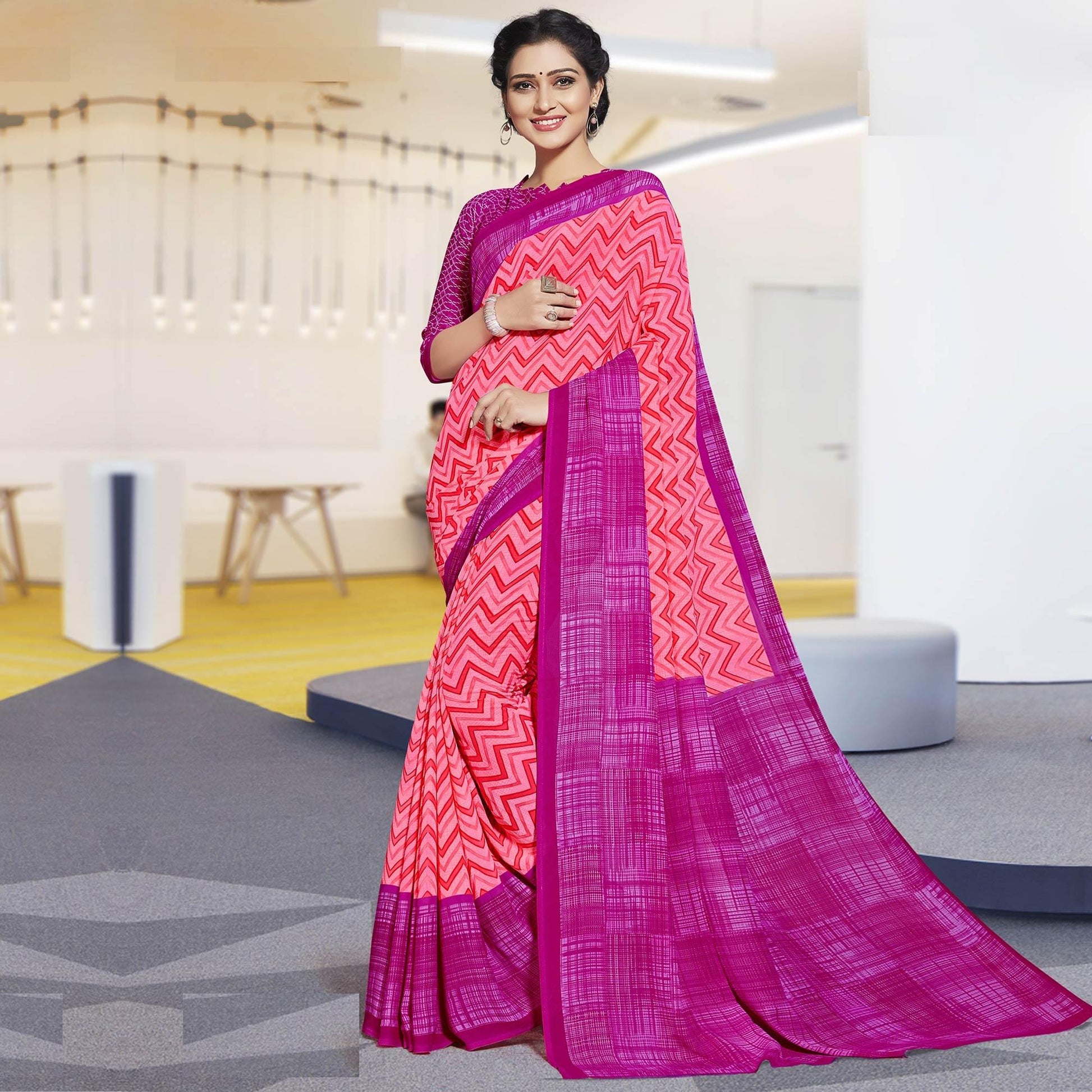 Lovely Pink Colored Casual Printed Georgette Saree