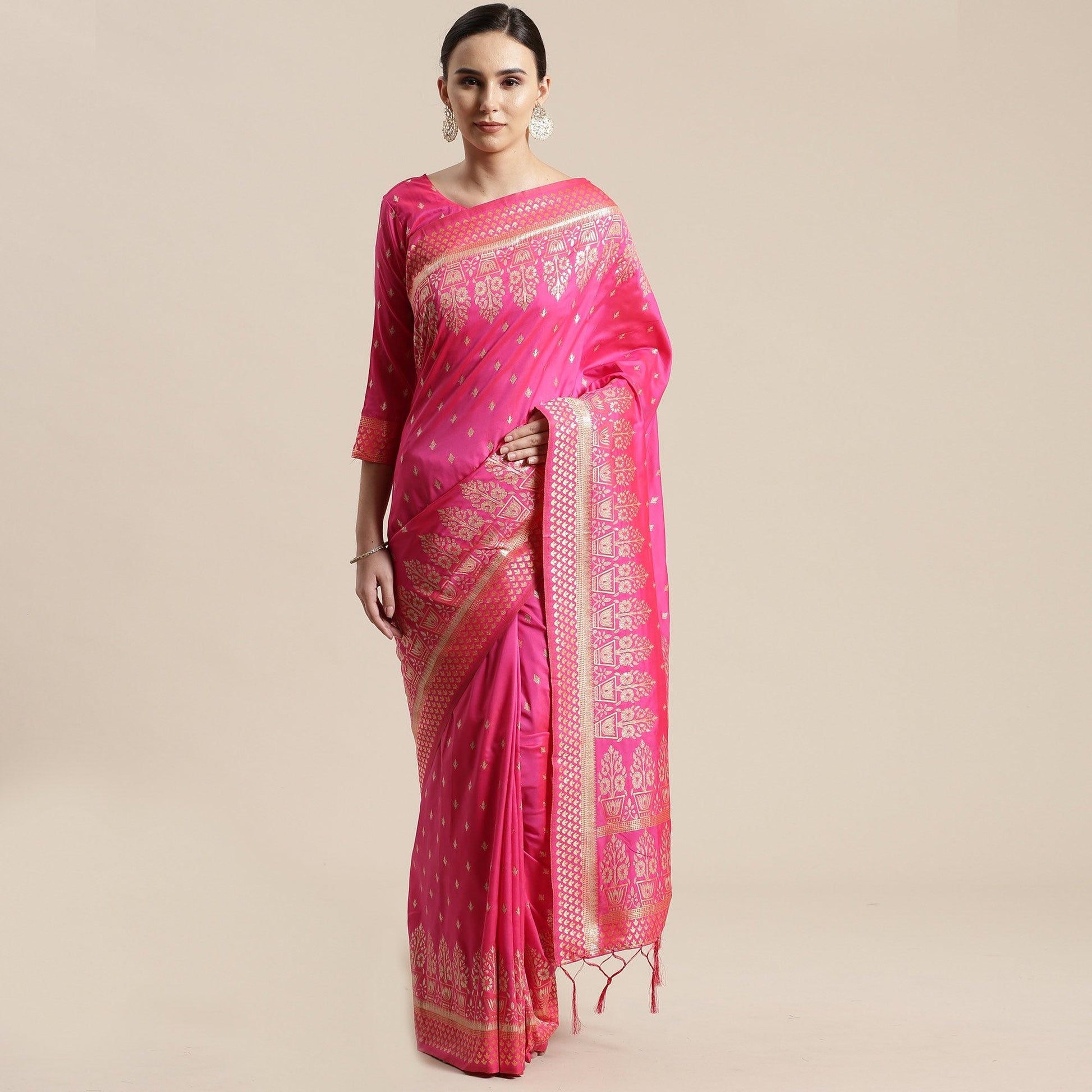 Lovely Pink Colored Festive Wear Silk Blend Woven Floral Saree With Tassels