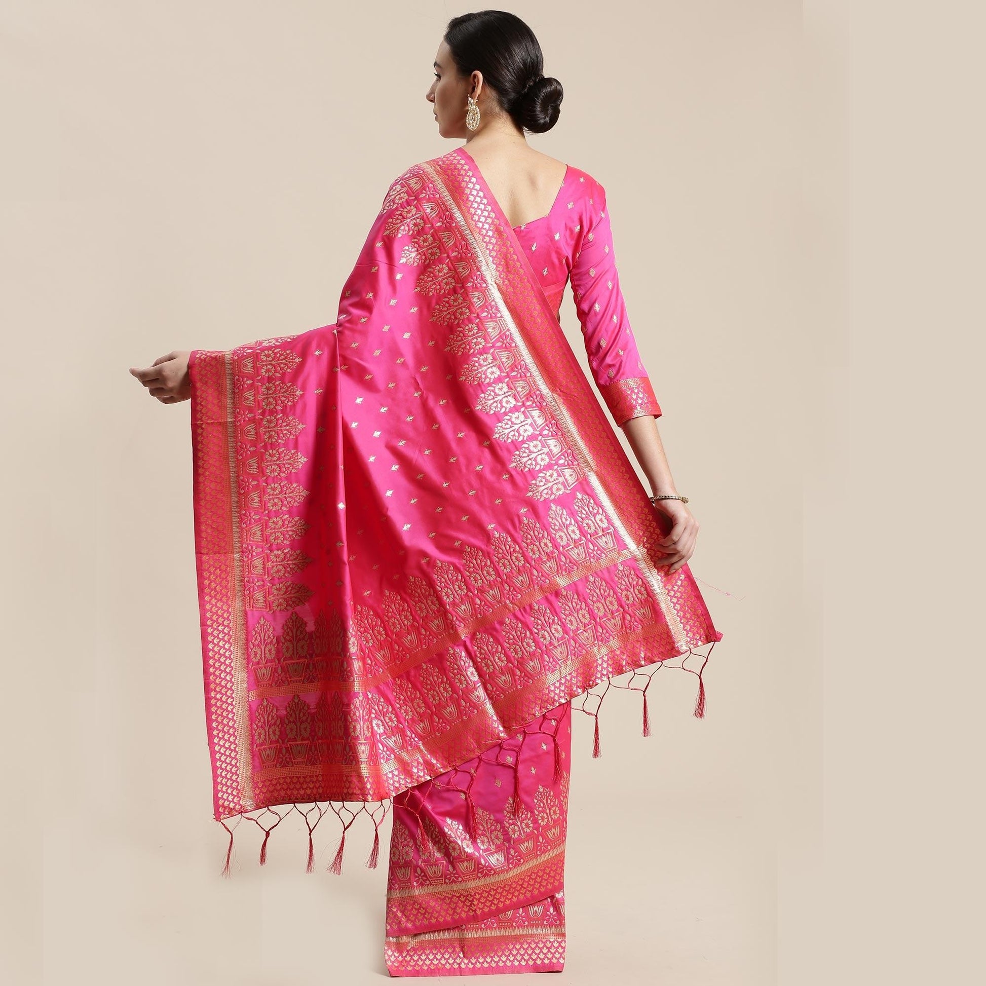 Lovely Pink Colored Festive Wear Silk Blend Woven Floral Saree With Tassels