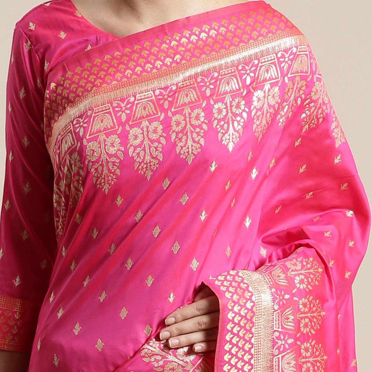 Lovely Pink Colored Festive Wear Silk Blend Woven Floral Saree With Tassels
