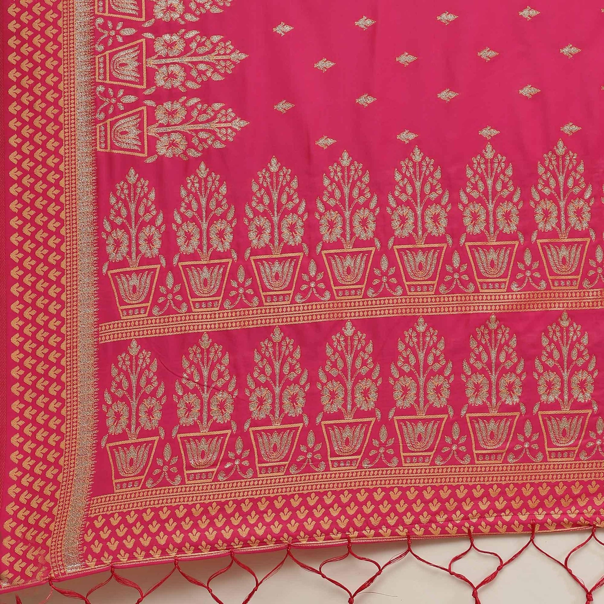 Lovely Pink Colored Festive Wear Silk Blend Woven Floral Saree With Tassels