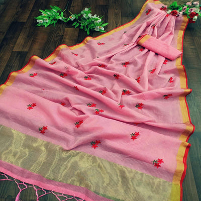 Lovely Pink Colored Festive Wear Woven Silk Saree