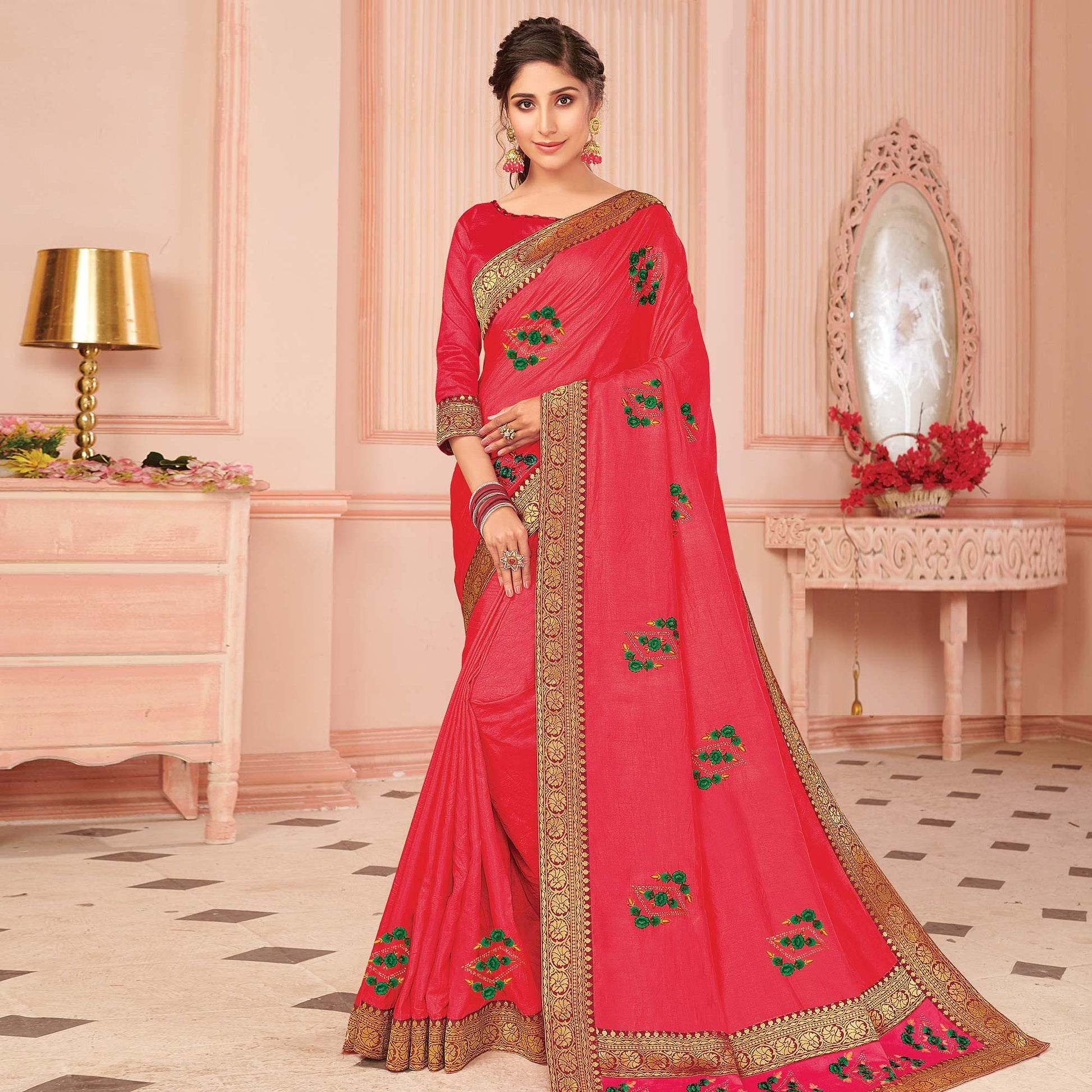 Lovely Pink Colored Partywear Emboidered Vichitra Silk Saree