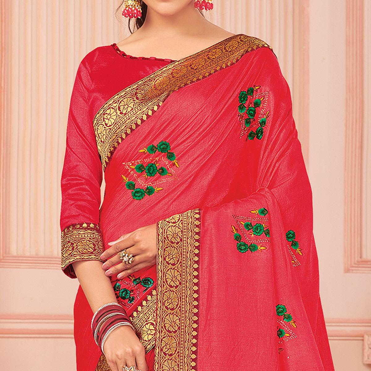 Lovely Pink Colored Partywear Emboidered Vichitra Silk Saree