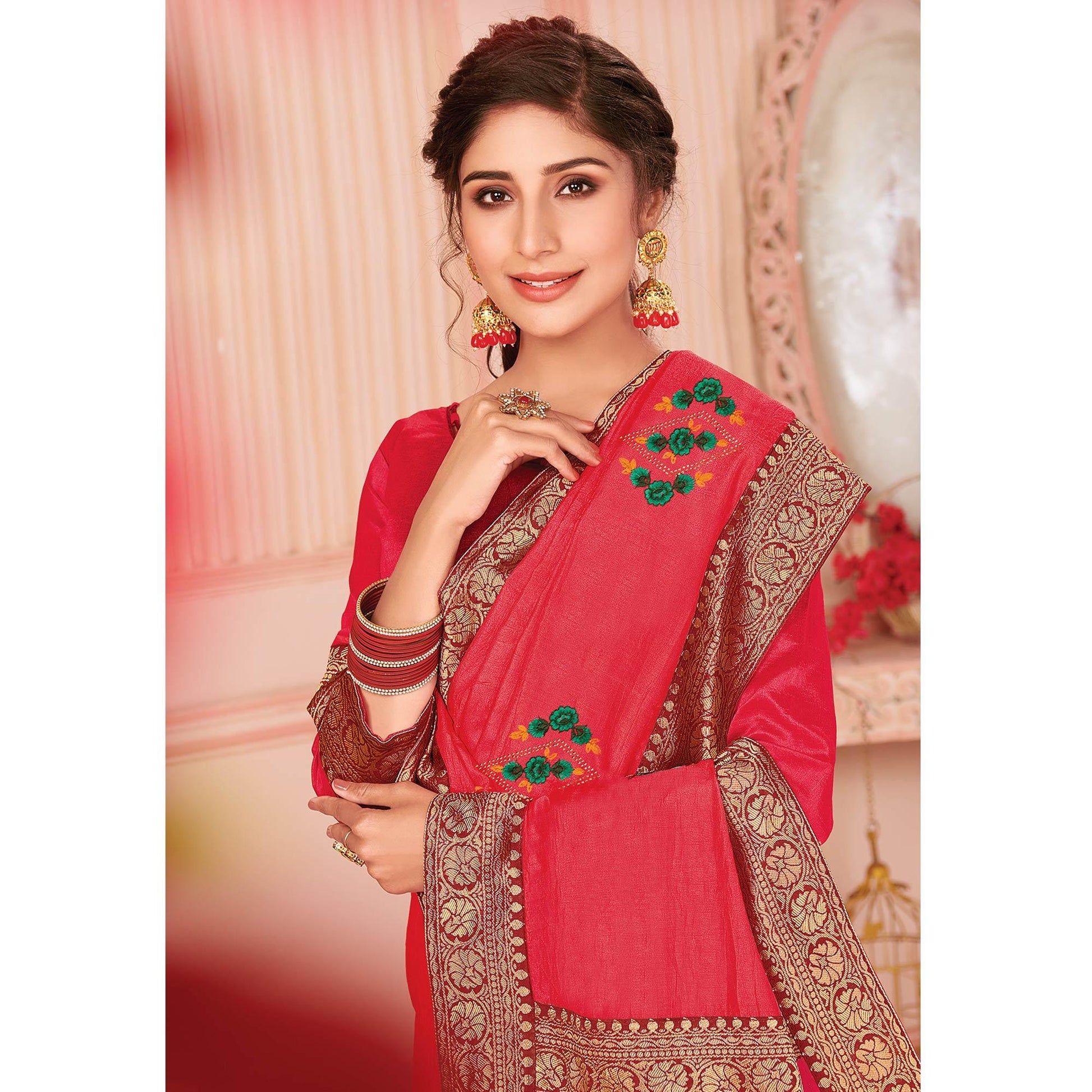 Lovely Pink Colored Partywear Emboidered Vichitra Silk Saree