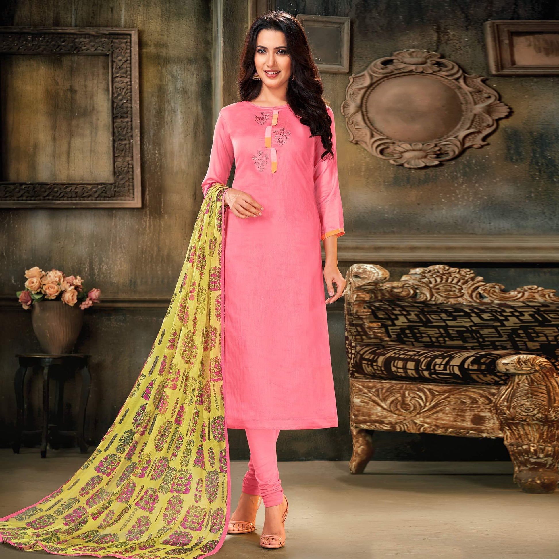 Lovely Pink Colored Partywear Embroidered Chanderi Dress Material