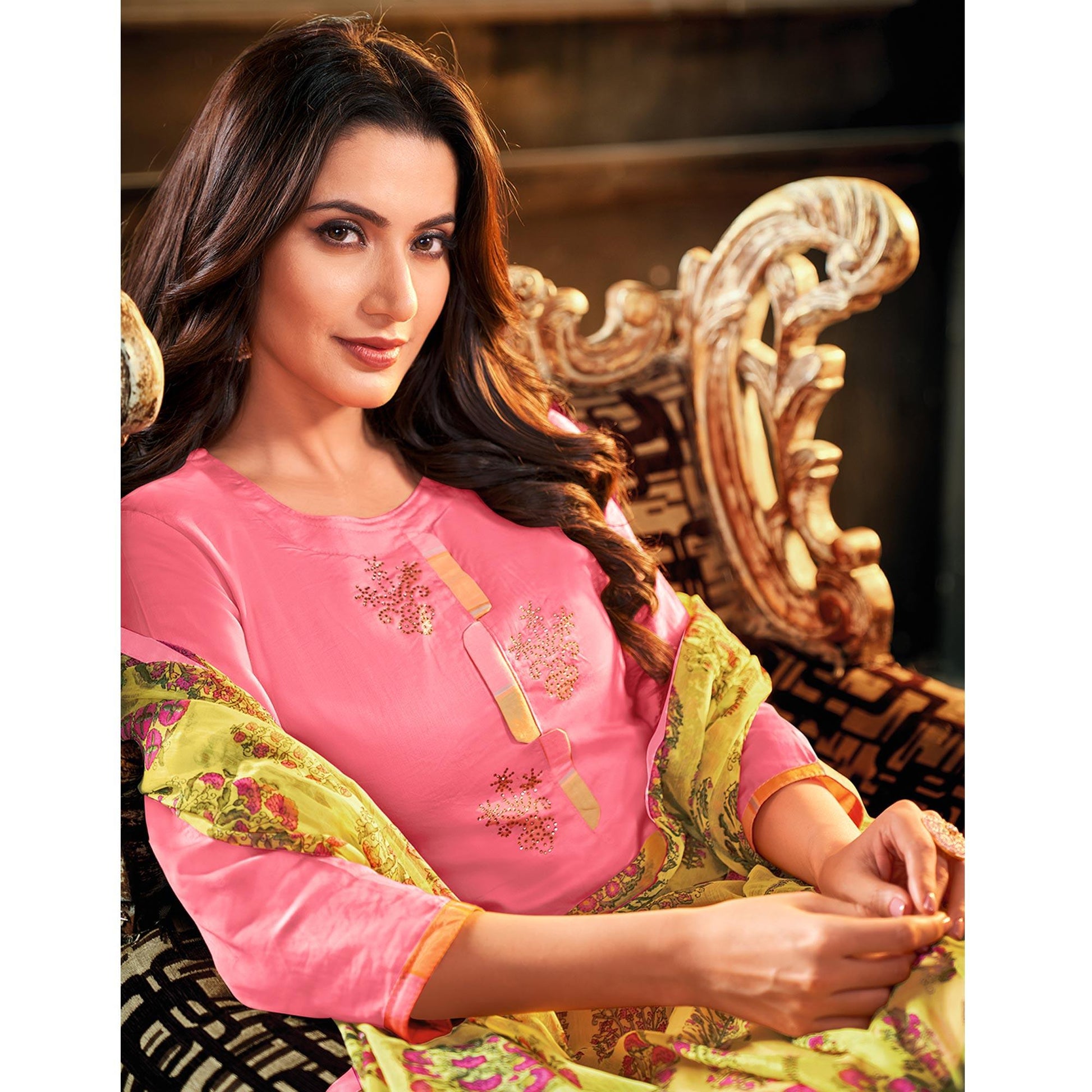 Lovely Pink Colored Partywear Embroidered Chanderi Dress Material