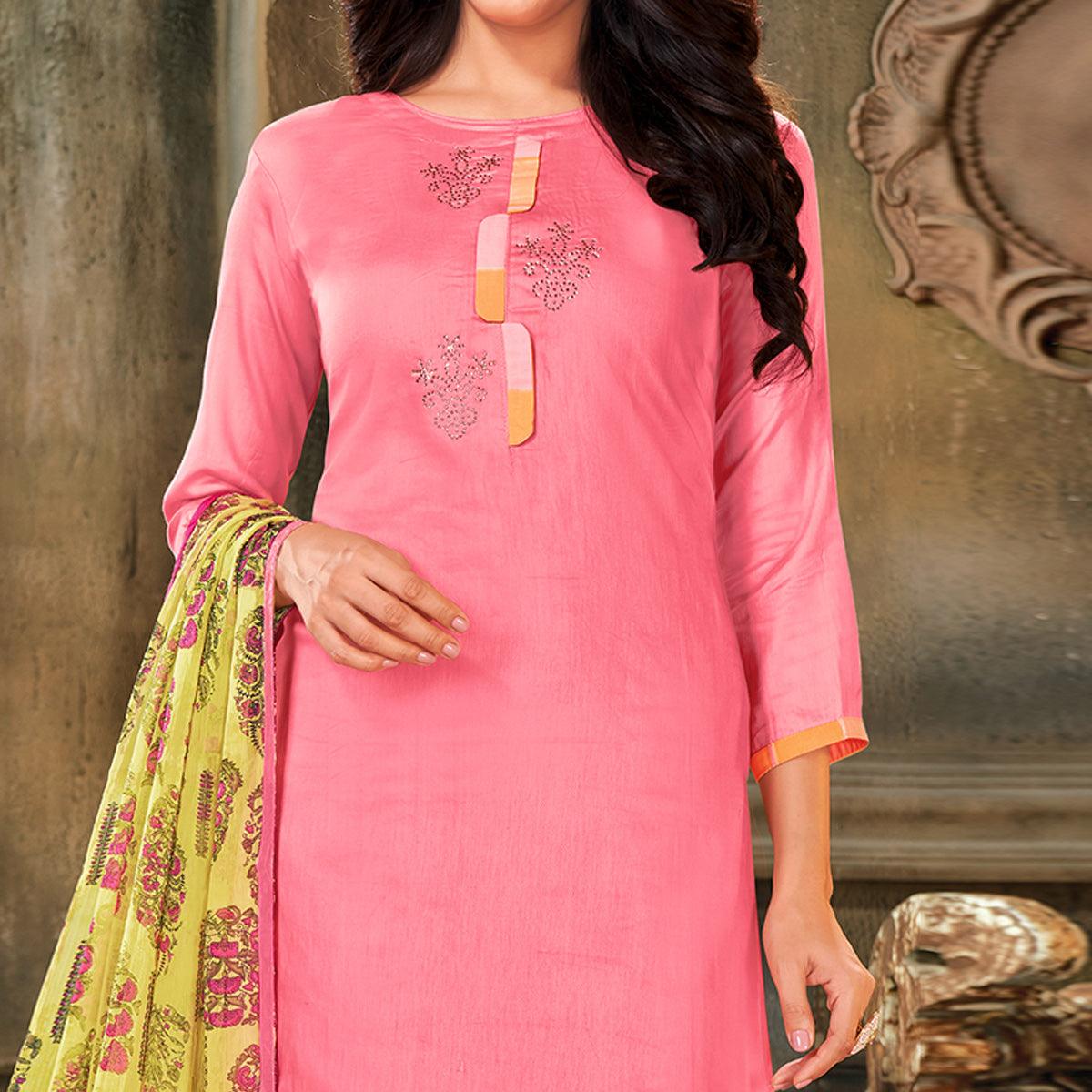 Lovely Pink Colored Partywear Embroidered Chanderi Dress Material