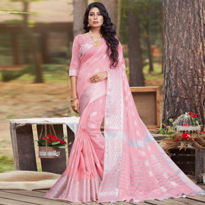 Lovely Pink Coloured Partywear Woven Linen Cotton Saree