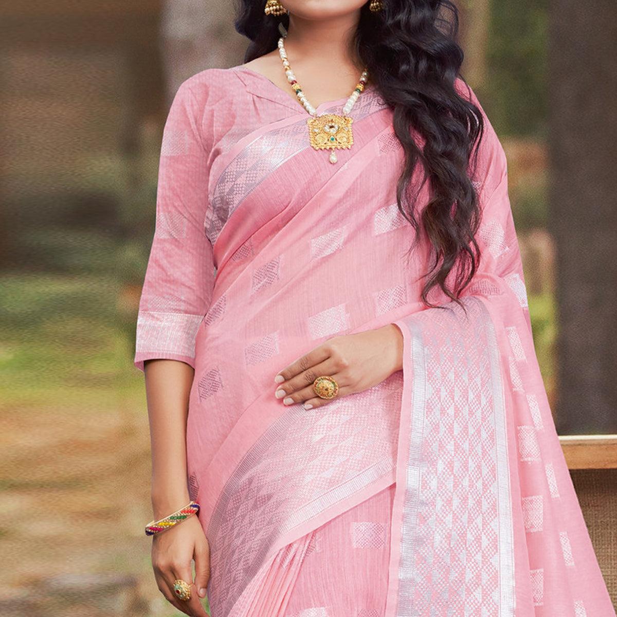 Lovely Pink Coloured Partywear Woven Linen Cotton Saree