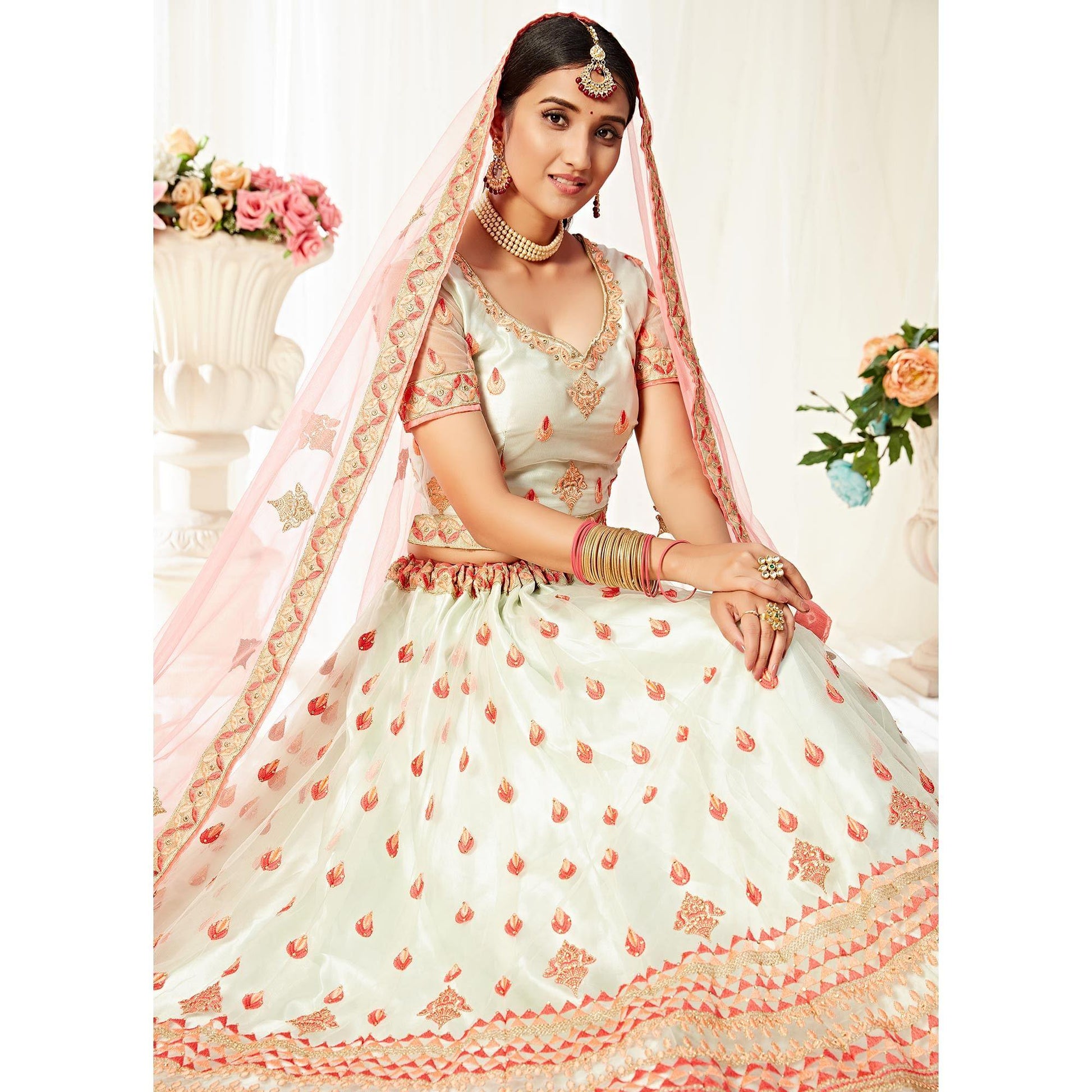 Lovely Pista Colored Wedding Wear Embroidered Heavy Net Lehenga Choli