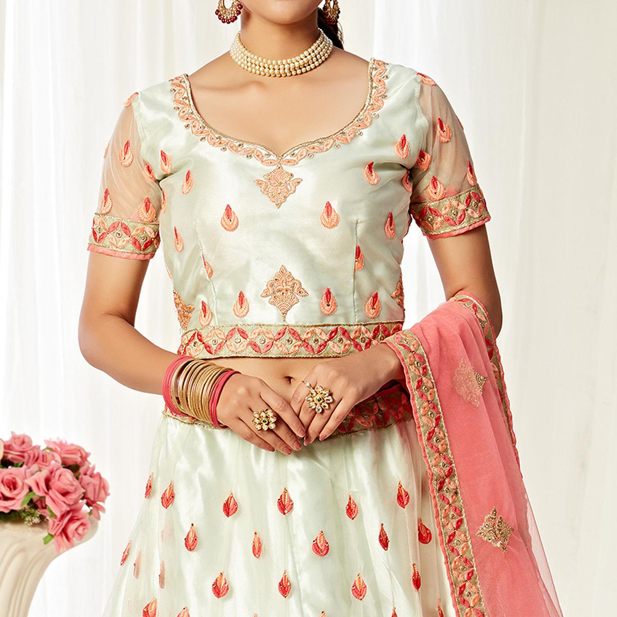 Lovely Pista Colored Wedding Wear Embroidered Heavy Net Lehenga Choli
