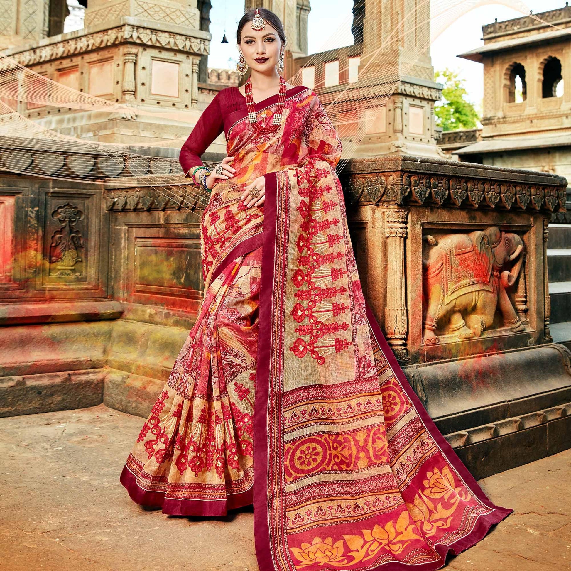 Lovely Red Colored Casual Printed Netted Saree