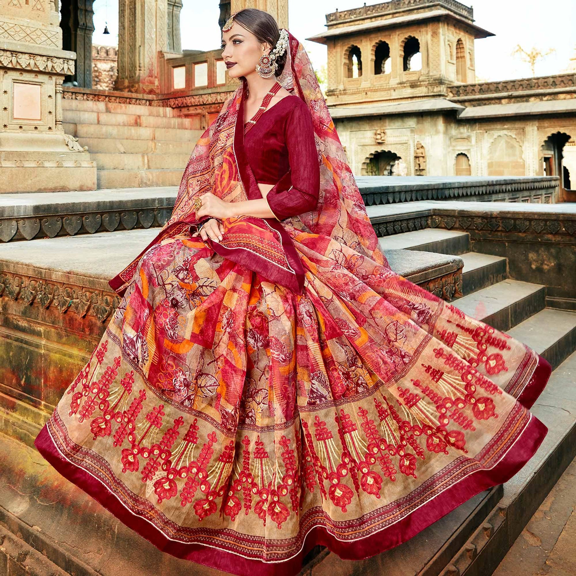 Lovely Red Colored Casual Printed Netted Saree