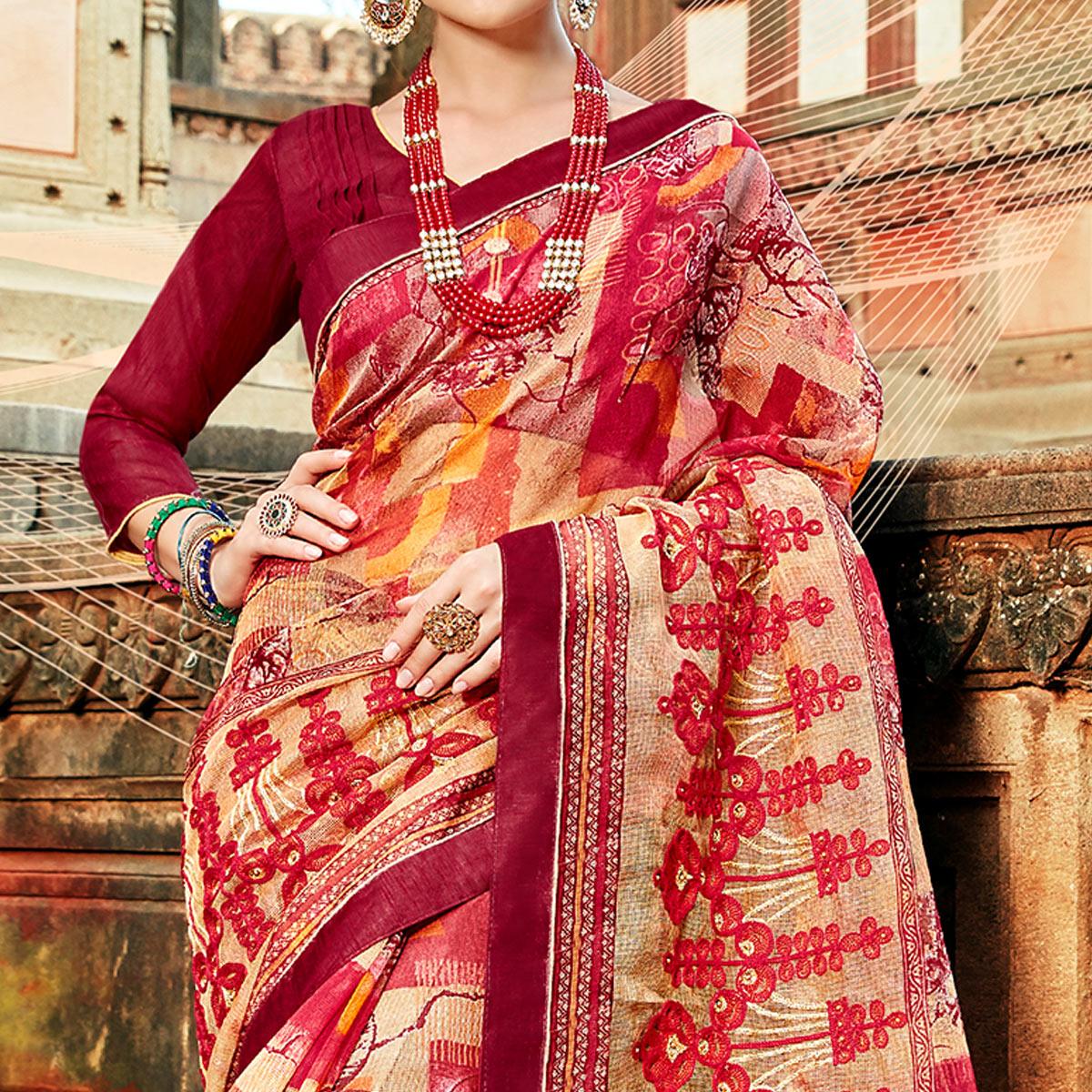 Lovely Red Colored Casual Printed Netted Saree