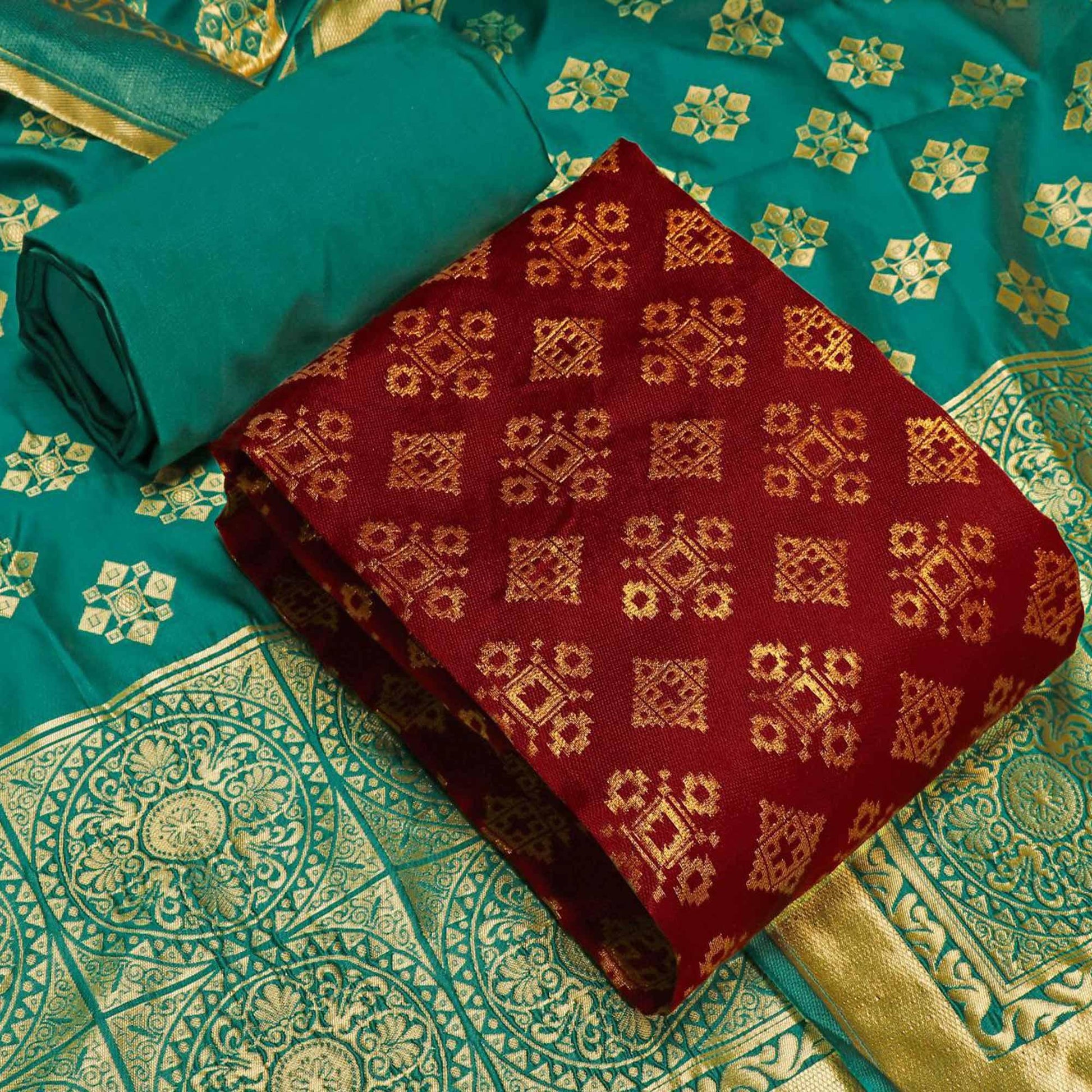Lovely Red Colored Casual Wear Banarasi Silk Dress Material