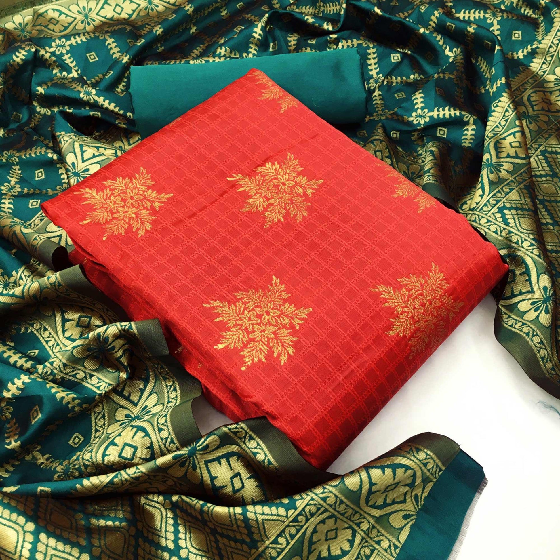 Lovely Red Colored Casual Wear Woven Banarasi Silk Dress Material