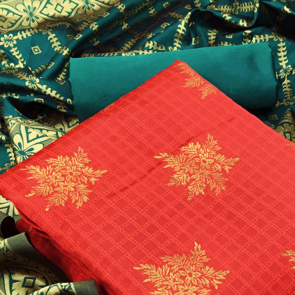Lovely Red Colored Casual Wear Woven Banarasi Silk Dress Material