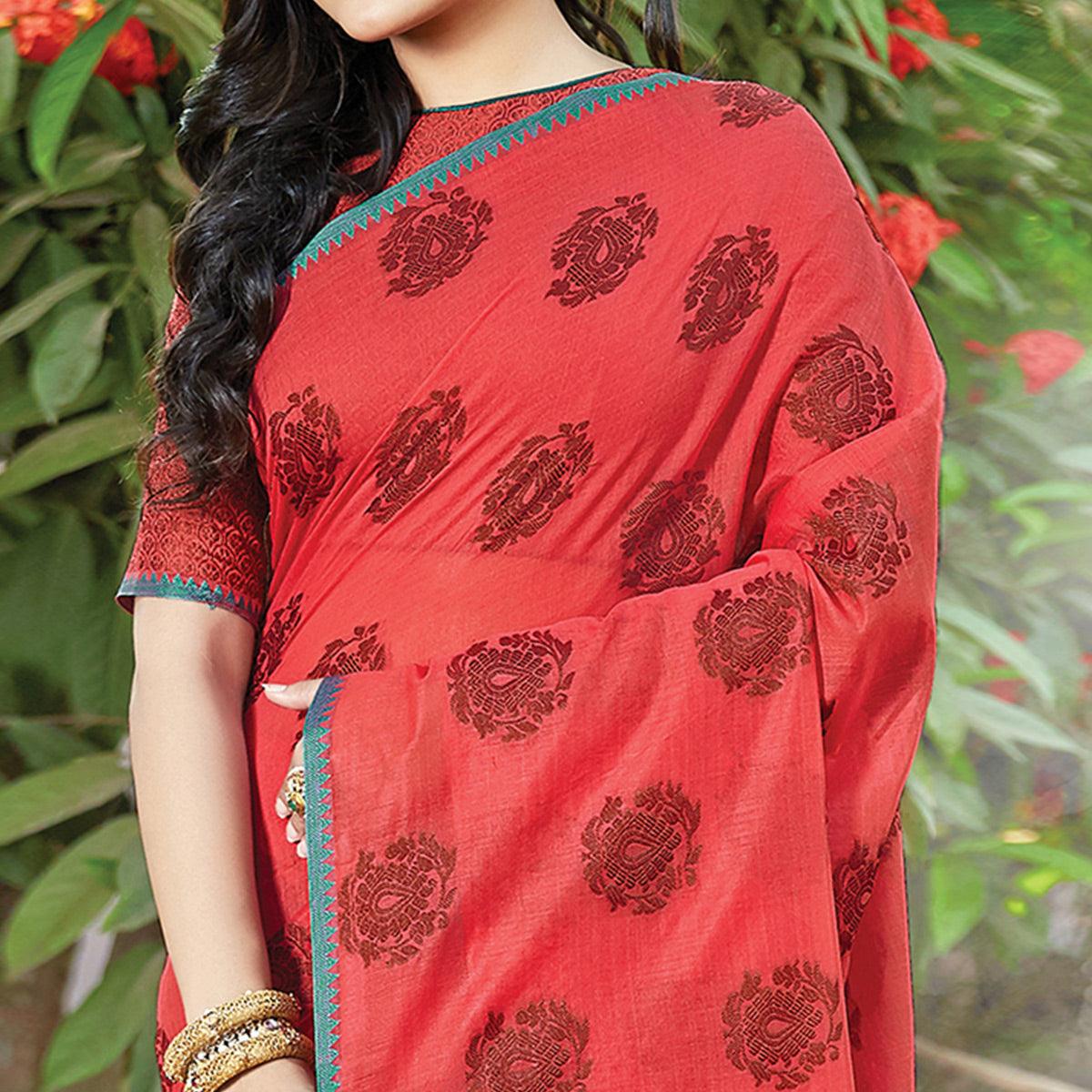 Lovely Red Colored Festive Wear Woven Cotton Handloom Saree