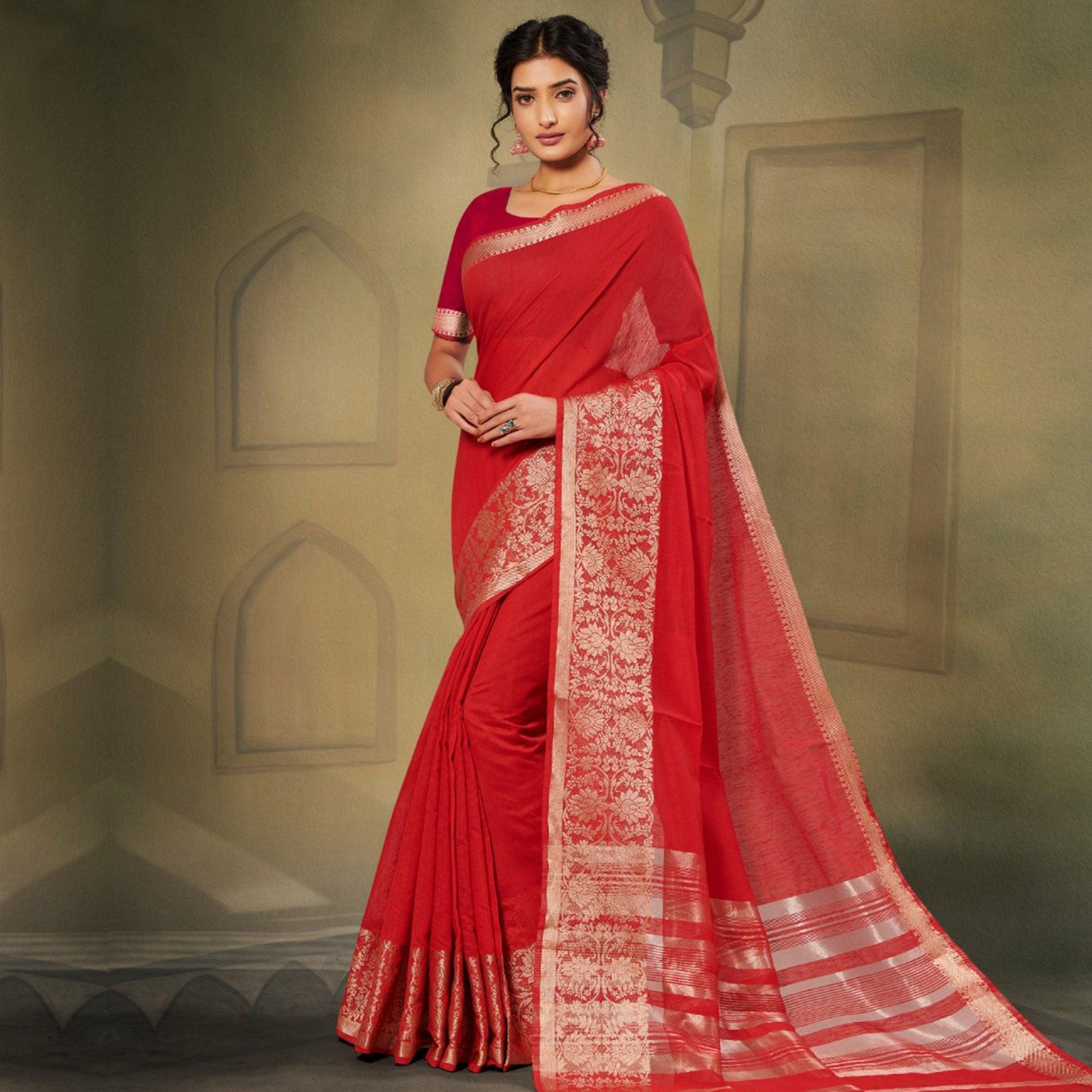 Lovely Red Colored Festive Wear Woven Silk Saree